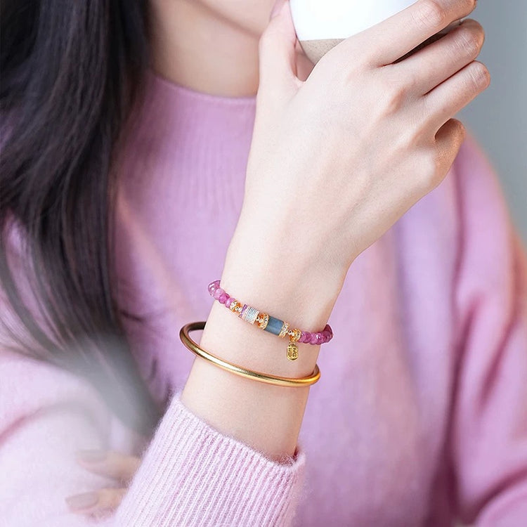 Pink tourmaline and jadeite bracelet