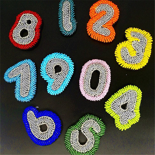 Colorful beaded Number 0 thru 9 Handmade Embroidery Patchs/Crative Alphabet patches/Sew or Iron On/For Jacket Bag back kid