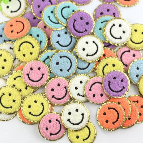 Customer Listing Smiley face Adhesive chenille gold glitter patch