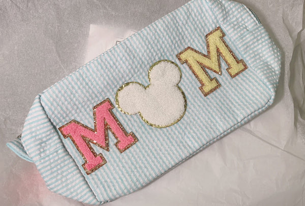 Monogrammed Seersucker Cotton cosmetic pouch-Personalized Make Up Bag- Handmade Patchs/Crative  Initial A-Z Alphabet patches/Iron on