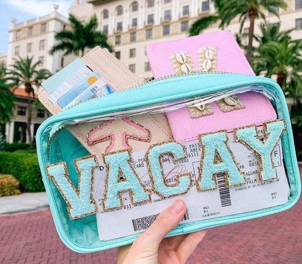 Charlotte Bag-Personalized Medium waterproof clear bag-PVC transparent bag-Bridesmaid favor-Christmas Gift chenille patch-tween toiletry bag (Copy)