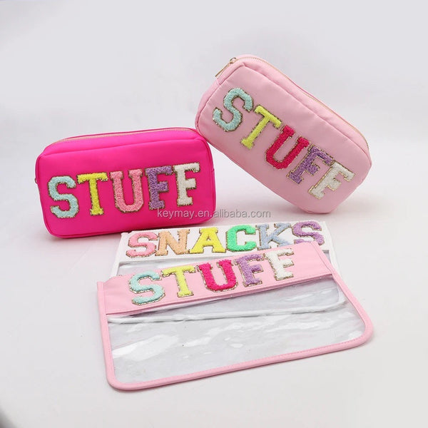 STUFF Large Nylon Pouch-Cosmetic Bag-Sew on chenille patches pouch-varsity letter initial patches makeup bag-Stuff