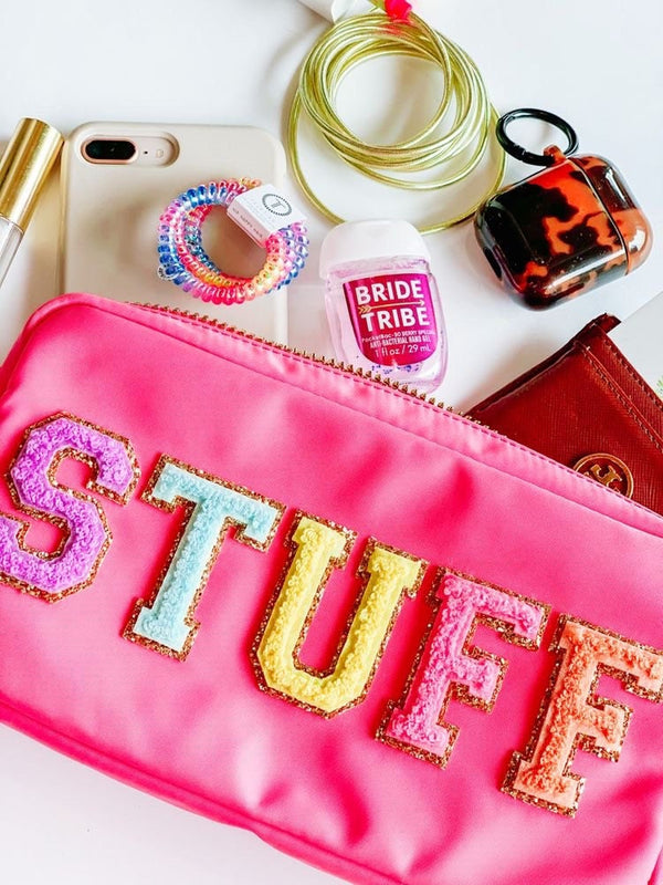 Medium Nylon Pouch-Cosmetic Bag-Customized make up pouch-chenille varsity letters patch-Bridesmaid gift-TRAVEL pouch